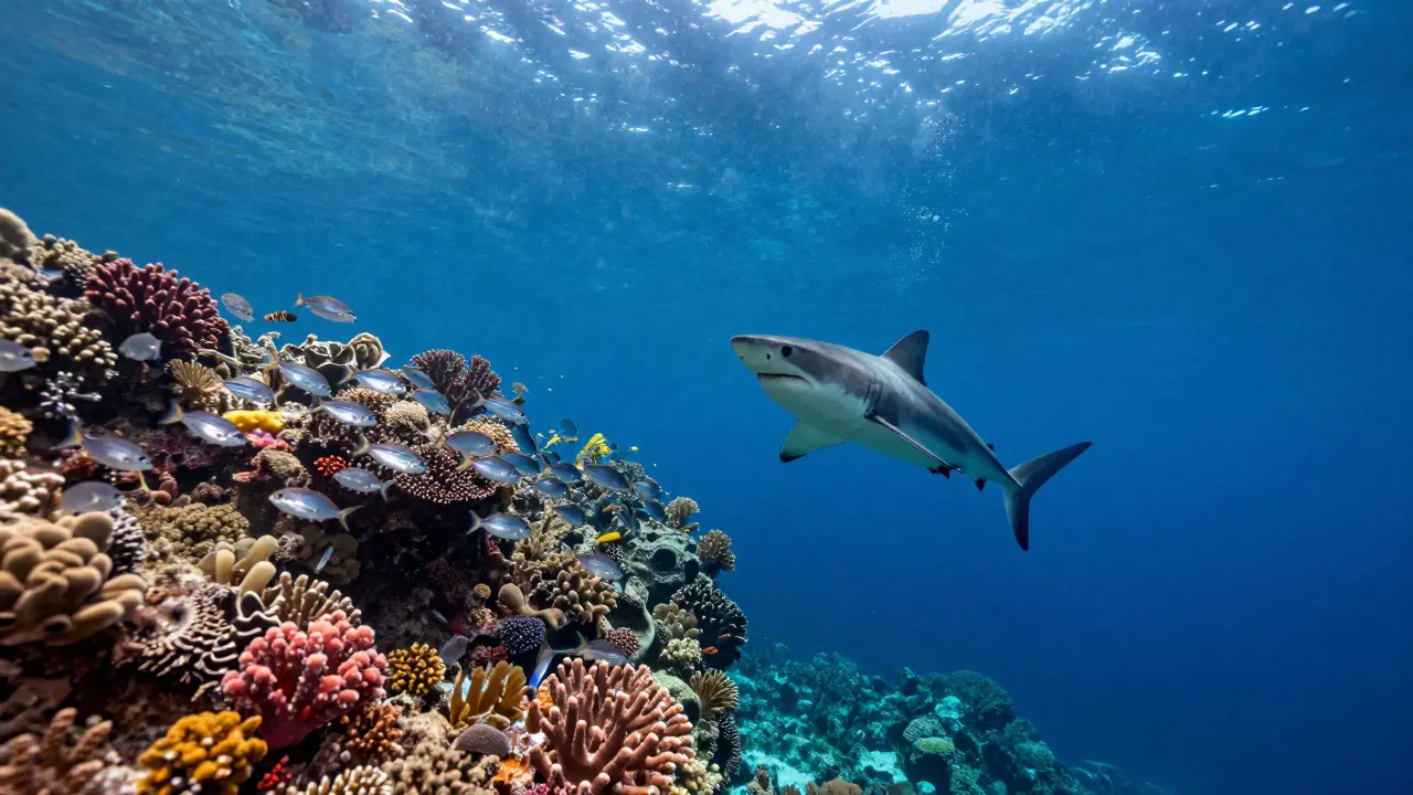 Žralok vyplouvající z hlubin k korálovému útesu s hejnicemi ryb