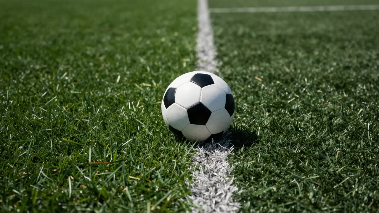 Detailní záběr míče ležícího na hranici mezi přírodní a umělou trávou na sportovním povrchu.
