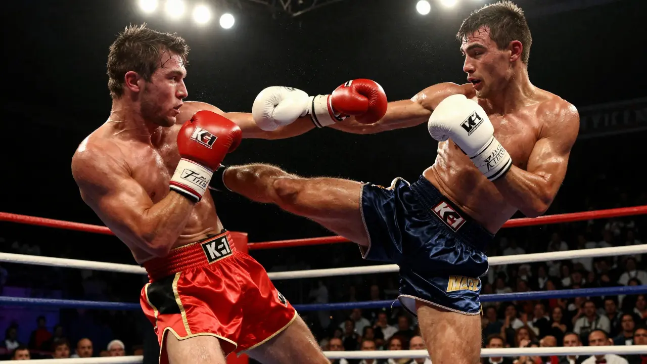 Dva kickboxeři se střetávají v ringu během intenzivního zápasu