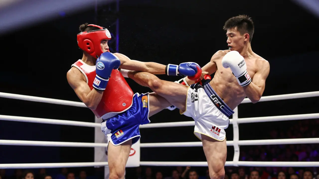 Dva zápasníci v akci v ringu během kickboxového souboje