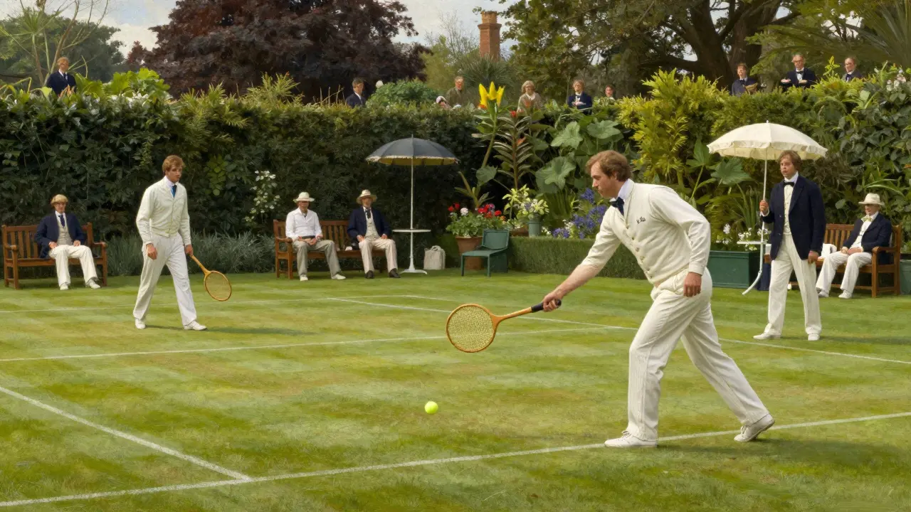 Gentmeni hrají raný travnatý tenis na zahradě v 19. století
