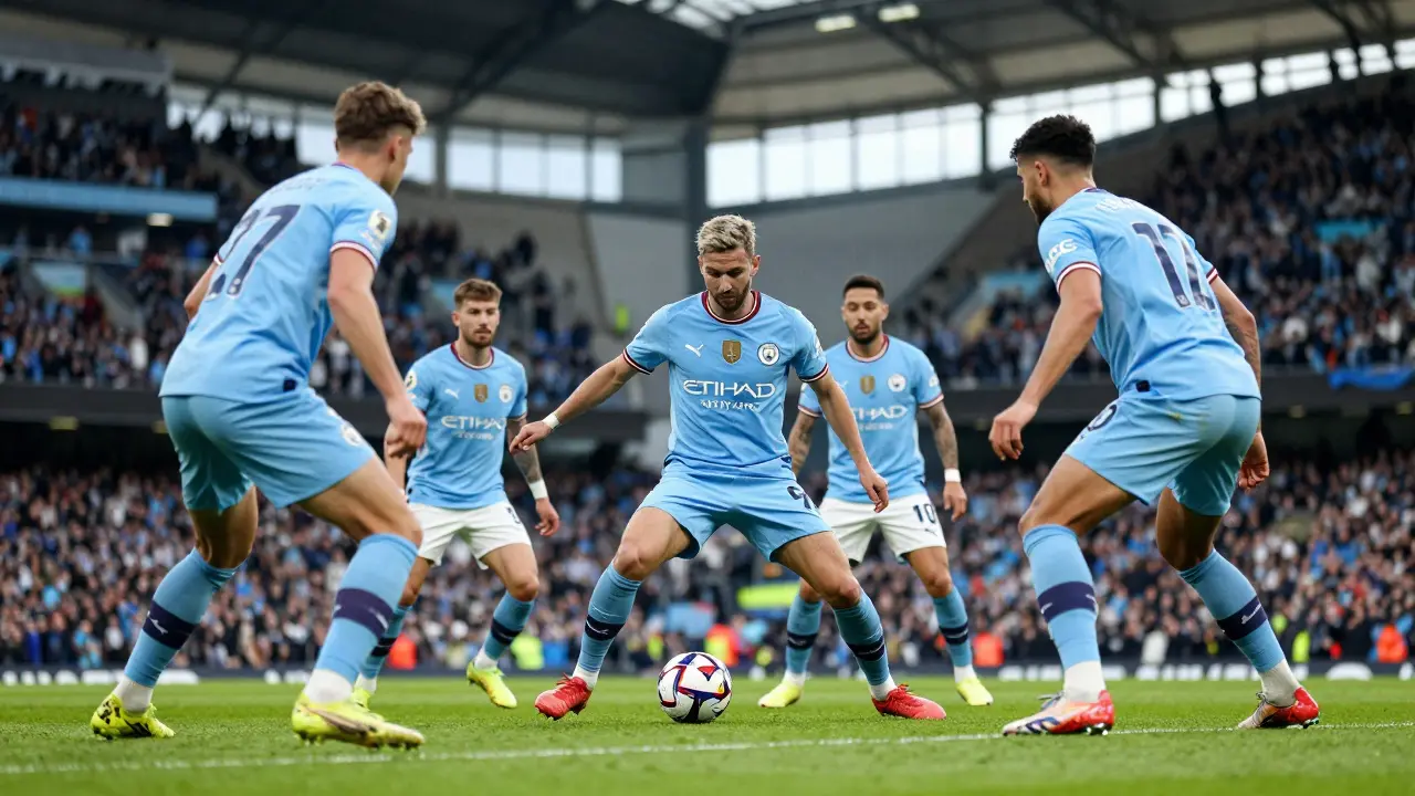 Hráči Manchester City v akci při taktické hře na stadionu