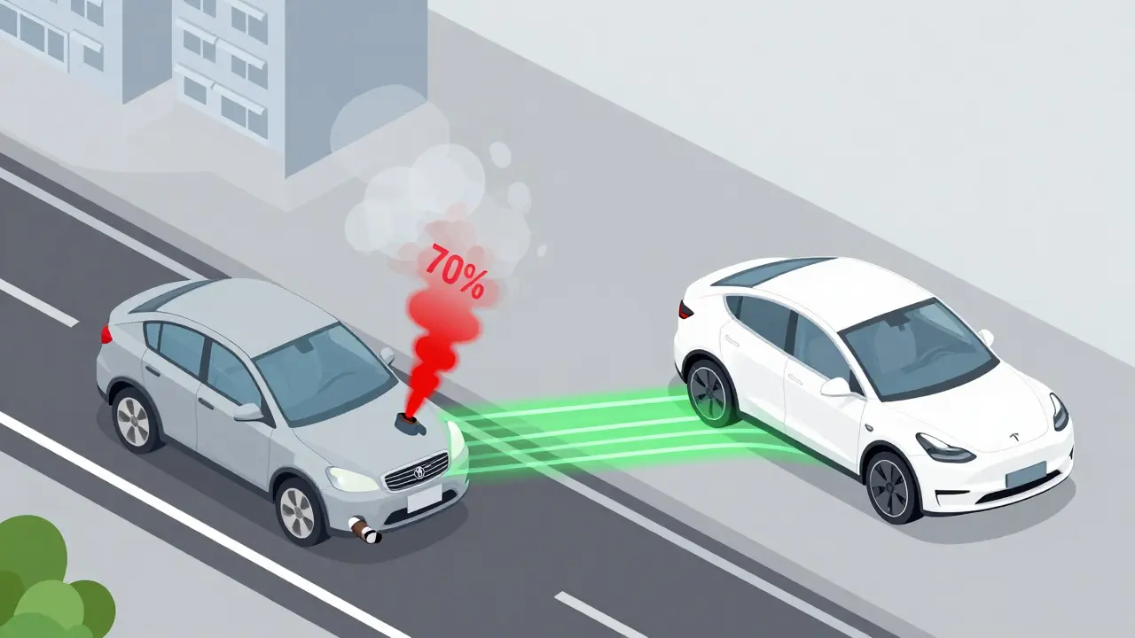 Konceptuální porovnání ztráty tepla u auta na benzín a efektivního pohonu elektromobilu.