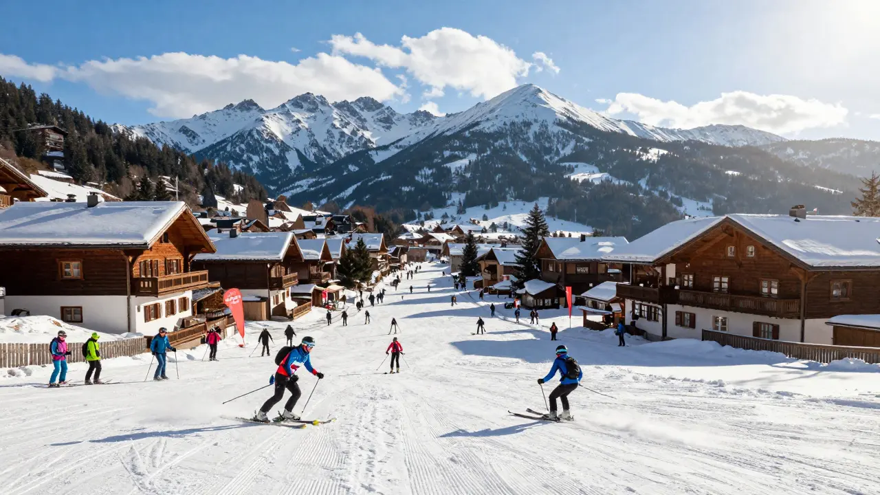 Lyžaři na sjezdovce přes ulici města Harrachov