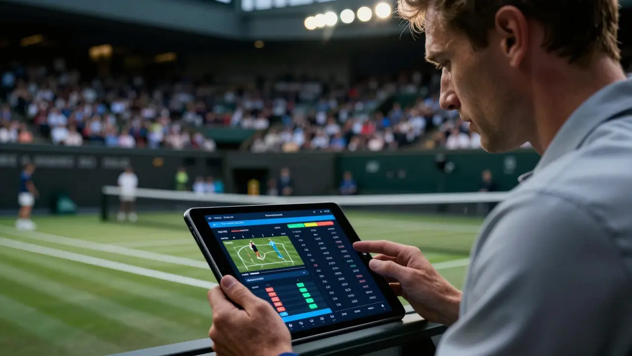 Person analyzing tennis stats on tablet during a live match