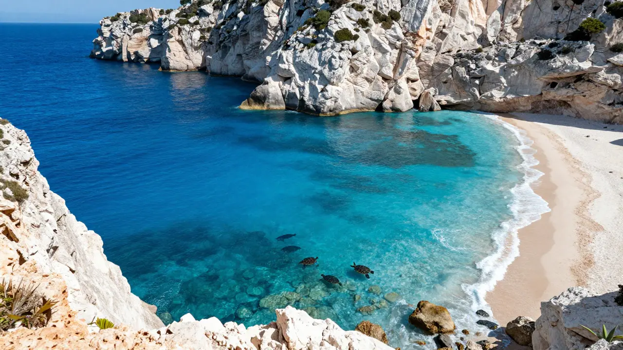 Pohled na bílé skály pláže Myrtos a želvy pod hladinou vody