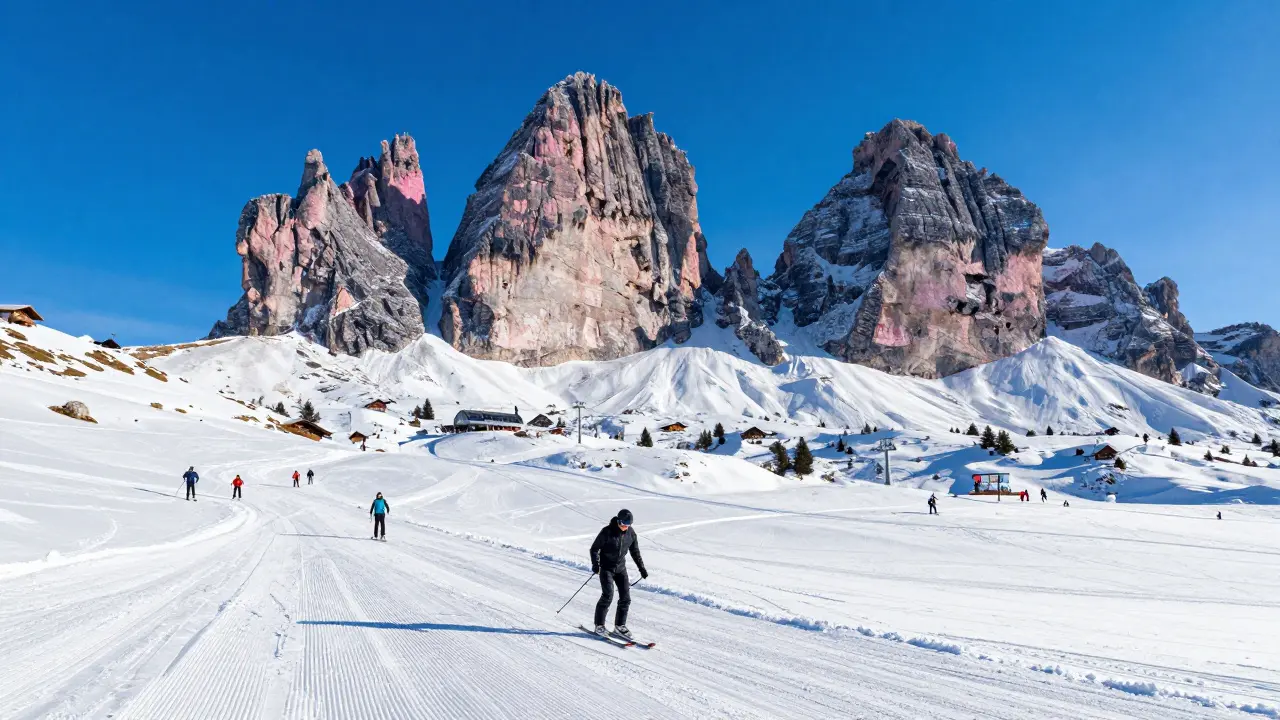 Slunečné lyžování v italských Dolomitech s růžovými skalami