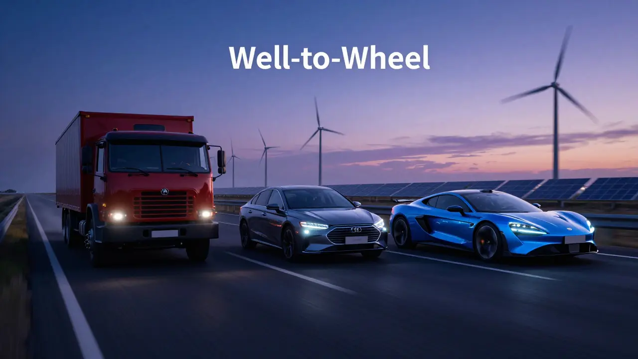 Trojice vozidel na dálnici s větrnými turbínami na obzoru symbolizující budoucnost mobility.