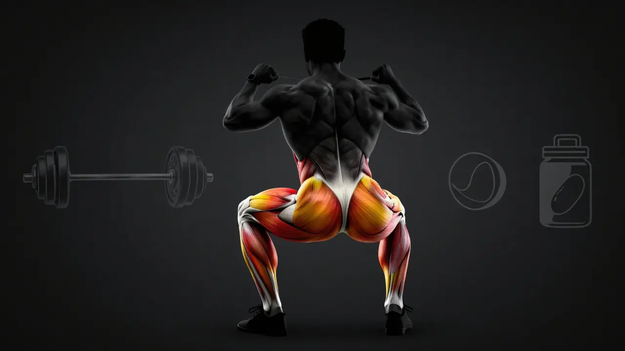 Anatomická ilustrace gluteálních svalů při dřepu
