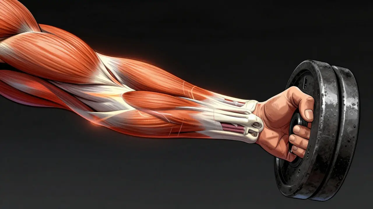 Anatomická ilustrace svalů předloktí při cvičení