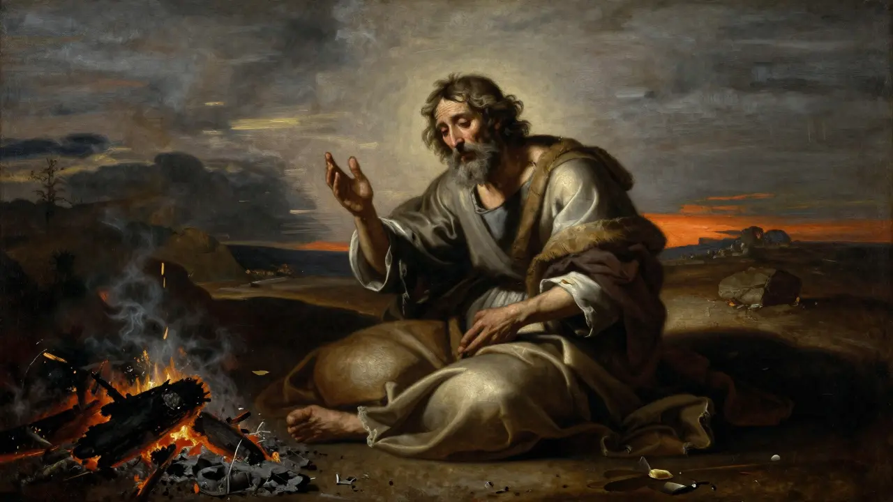 Barokní malba biblického postavy sedící v popelu v zoufalství