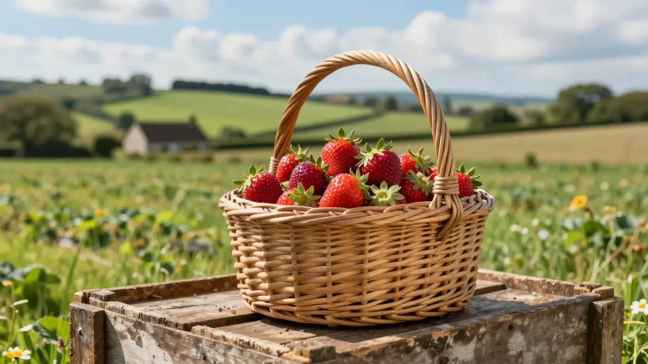 Košík s čerstvě natrhanými jahodami na venkovské farmě