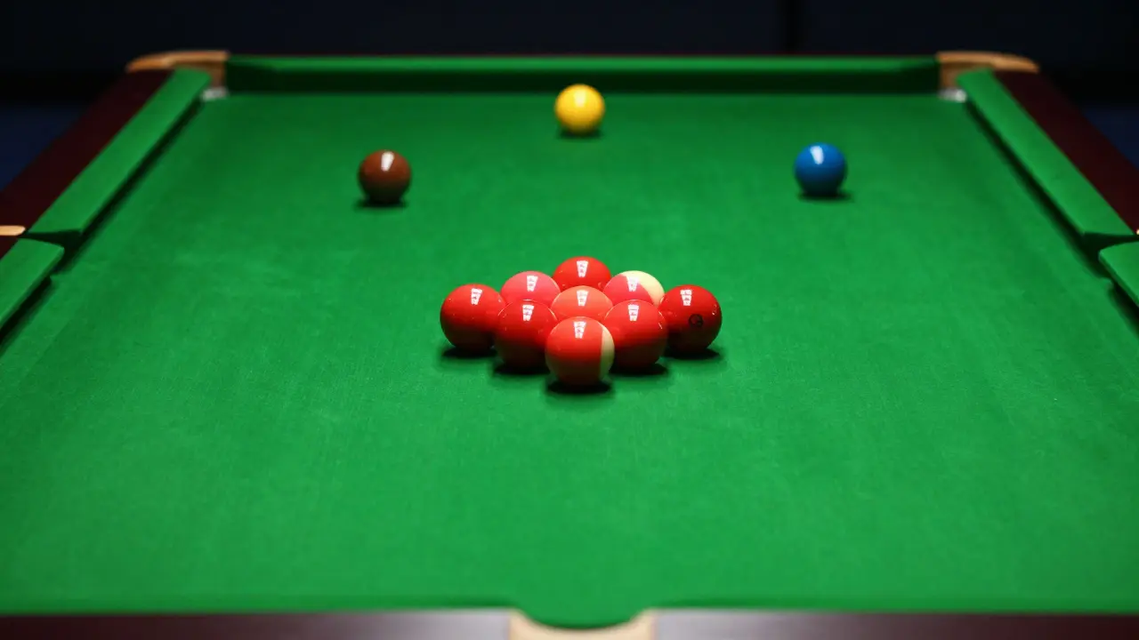 Rozestavené červené a barevné koule pro snooker