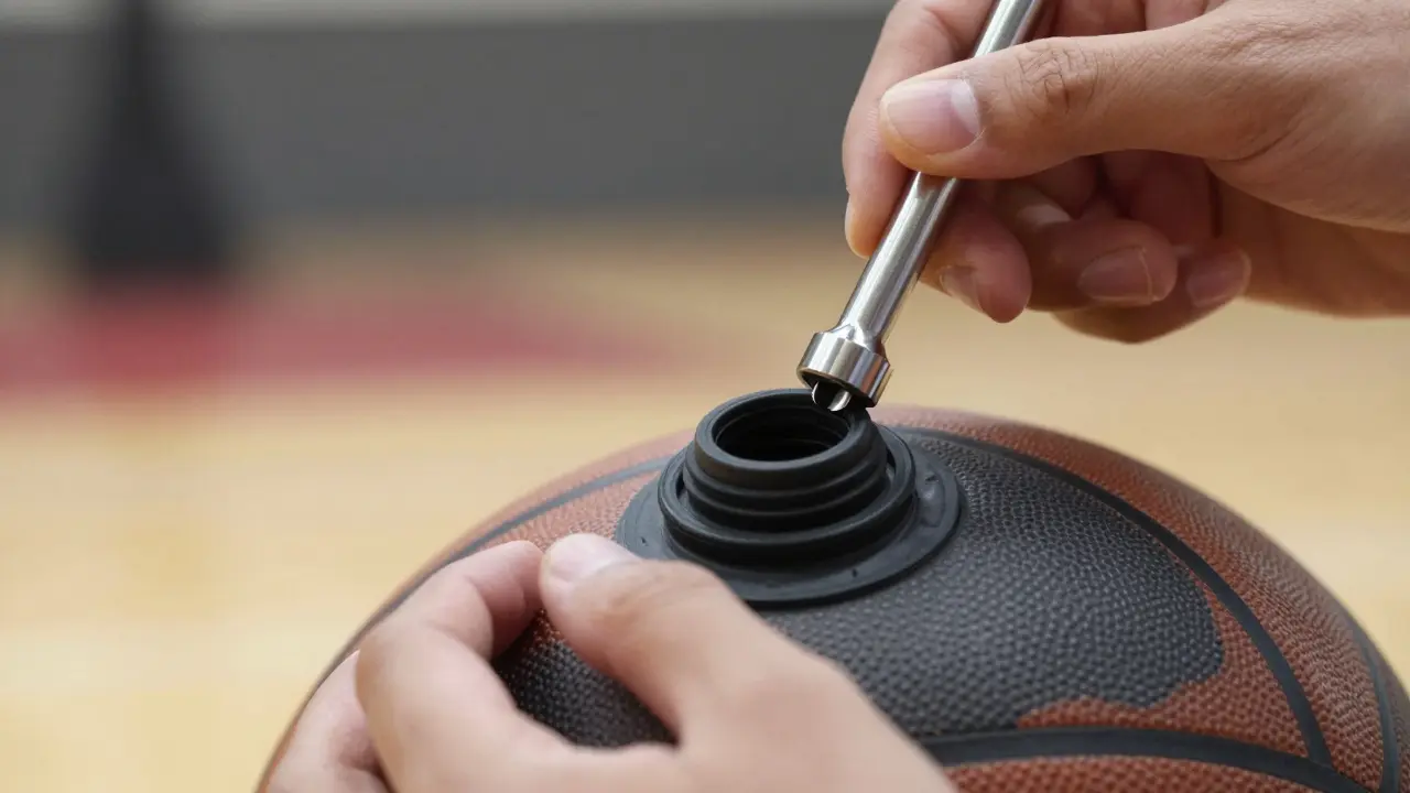 Ruce instalující nový ventilek do basketbalového míče