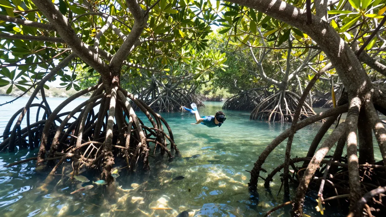 Snorklista mezi kořeny mangrovů na pláži Preveli