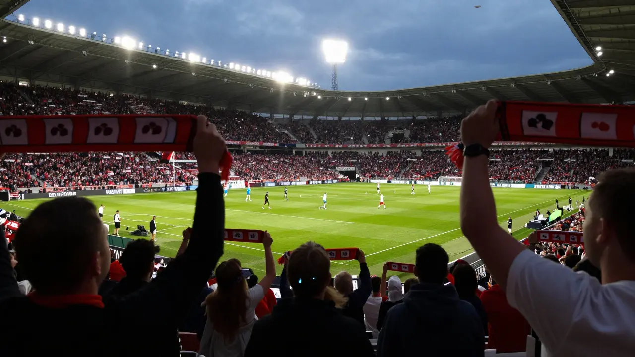 Zápasová atmosféra na plném stadionu s fanoušky na tribunách
