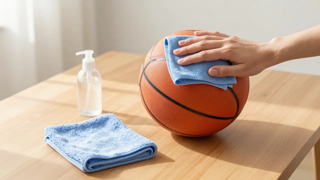 Čištění povrchu basketbalového míče vlhkým hadříkem