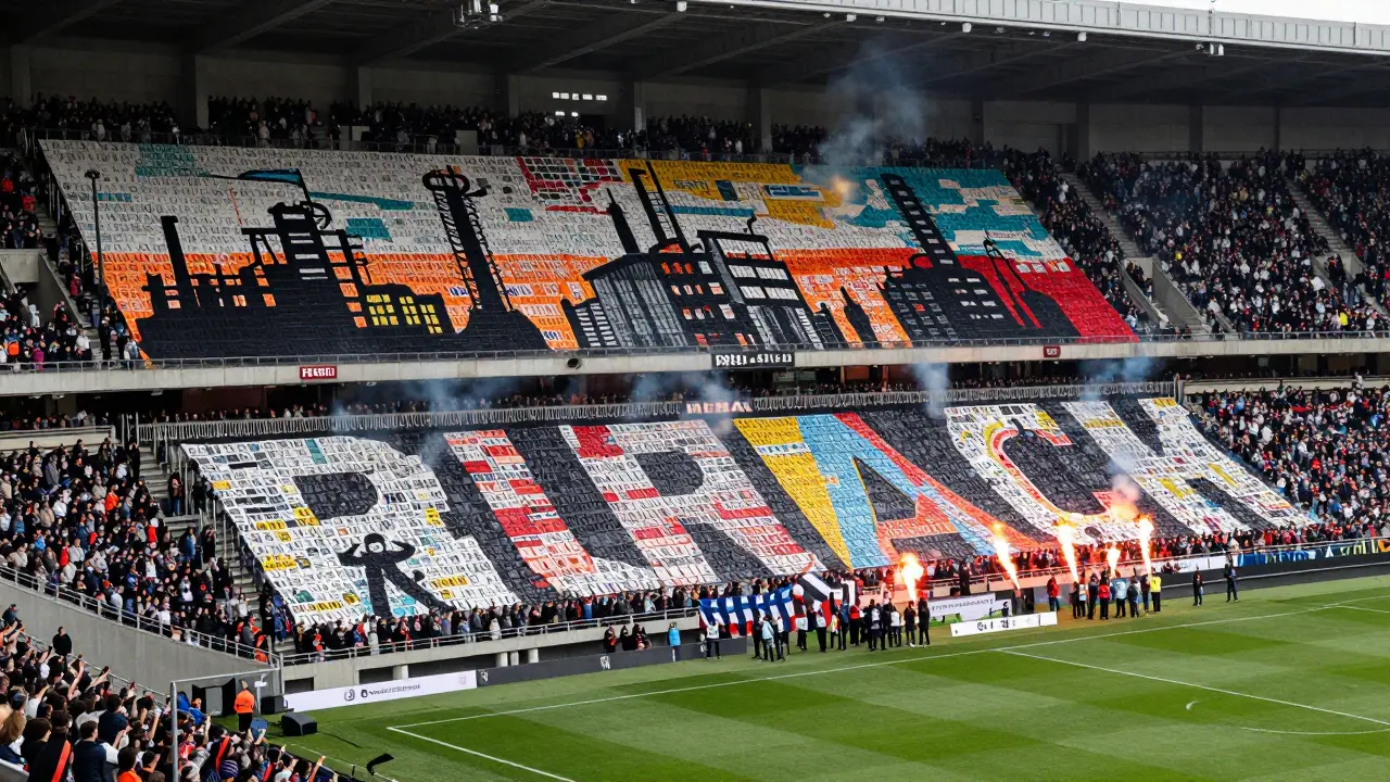 Fanoušci tvoří velkou choreografii z barevných kartonů na tribunách