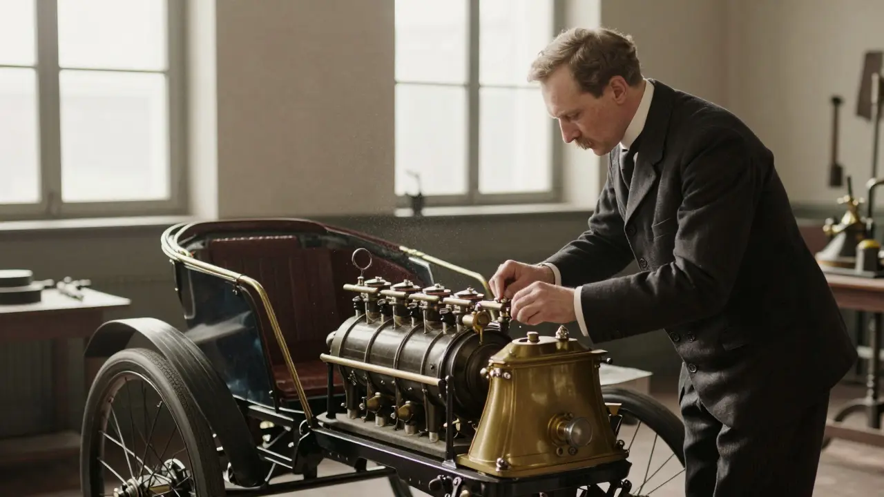 Karl Benz upravuje motor svého prvního automobilu