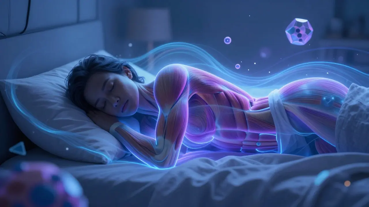 Konceptuální ilustrace spánku a regenerace svalových vláken