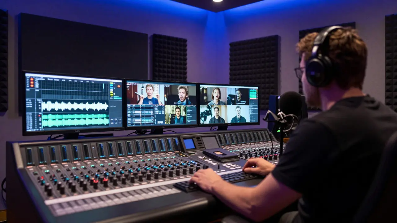 Moderní dabingové studio s technikou pro synchronizaci zvuku