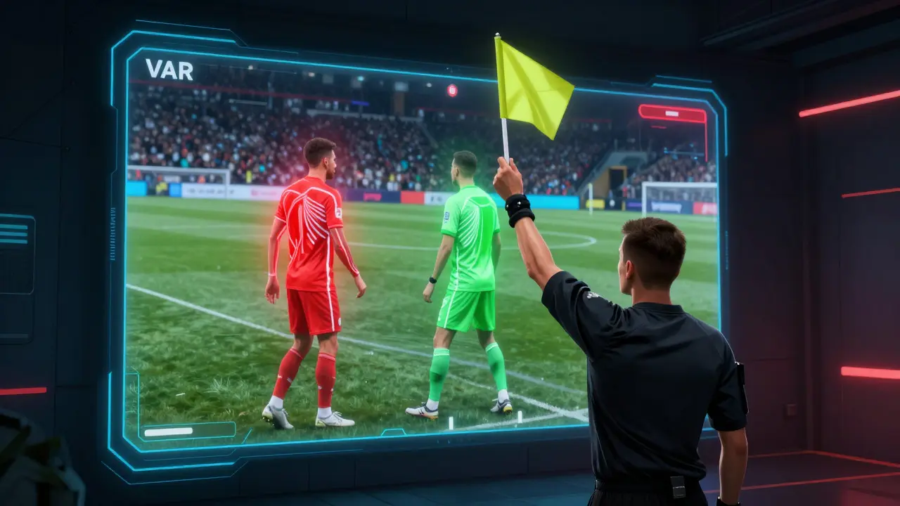 Refere s vlajkou a vizualizace technologie VAR pro kontrolu offside.