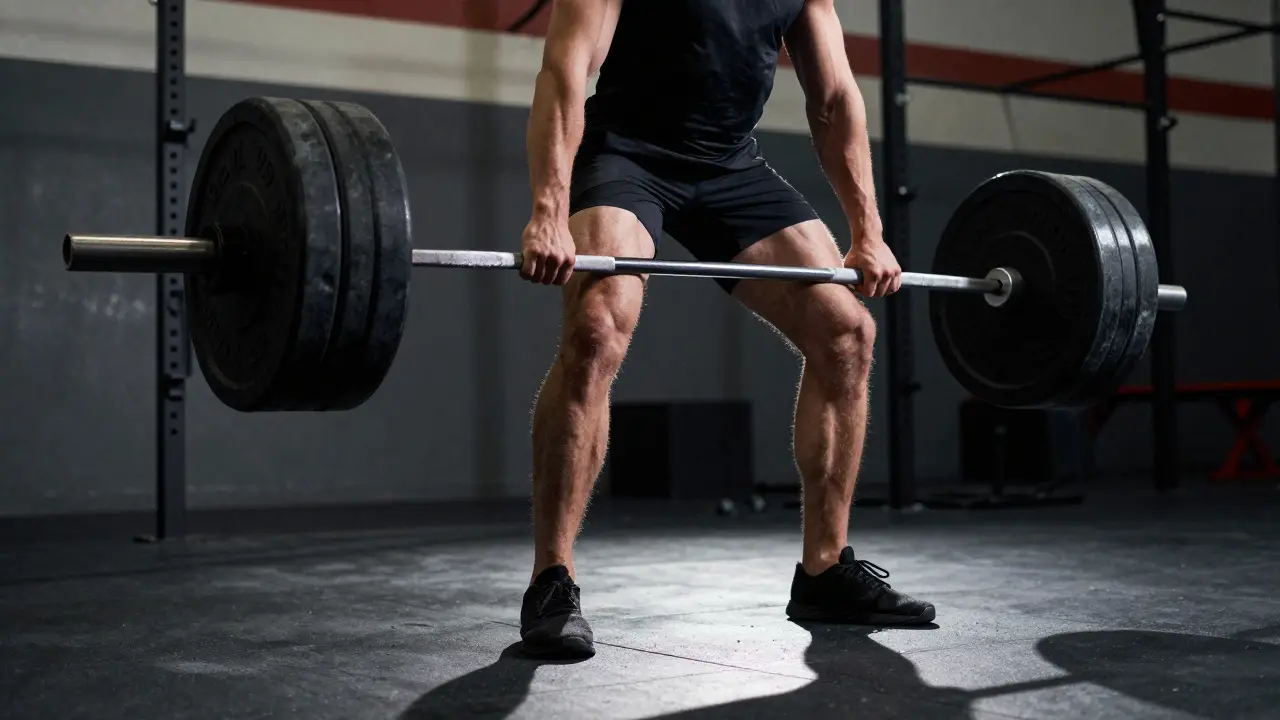 Sportovec provádí široký mrtvý tah s činkou ve fitcentru