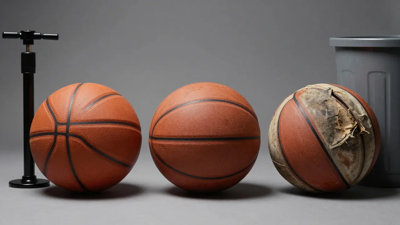 Srovnání nového, opotřebovaného a poškozeného basketbalového míče