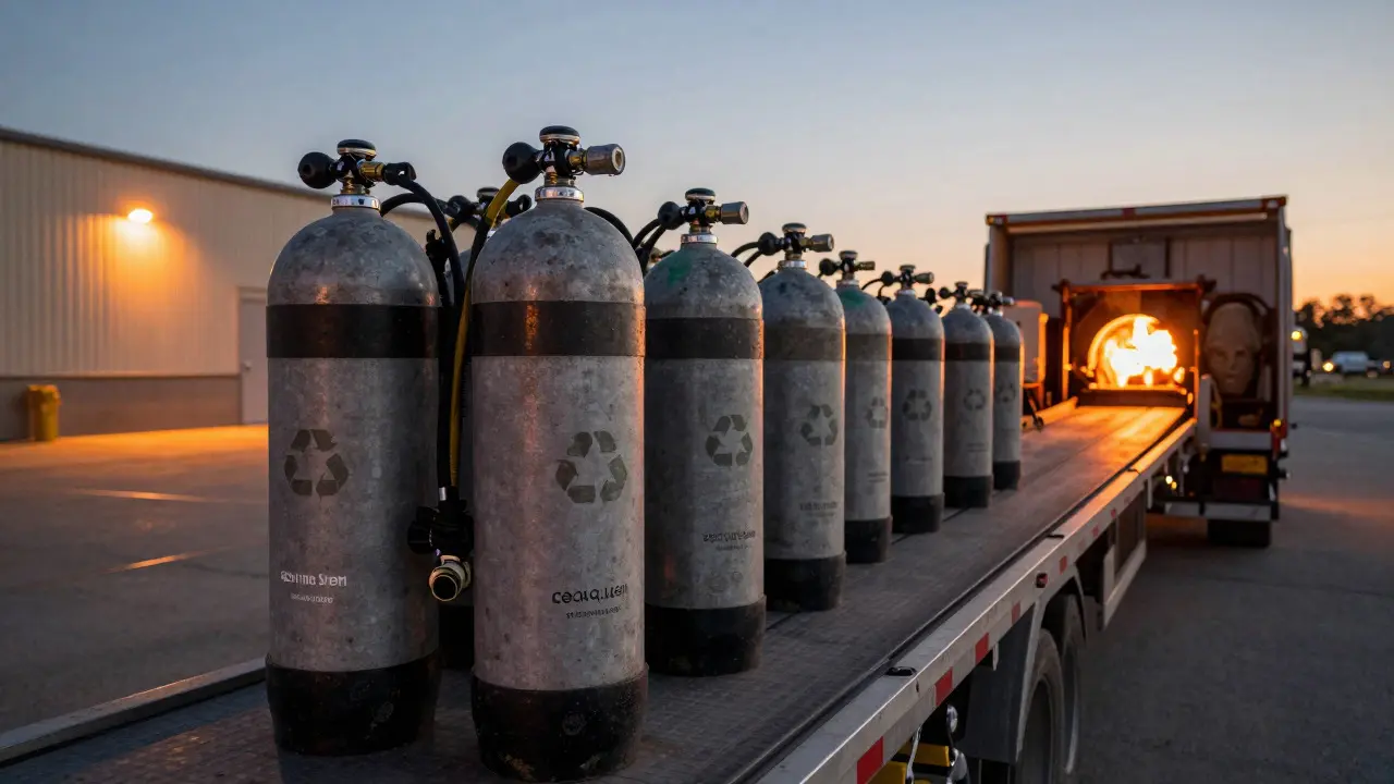 Staré potápěčské lahve připravené k recyklaci a likvidaci