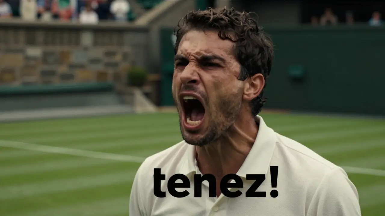 Tenista křičí 'Tenez!' při podání, spojující historický původ slova s moderním sportem.