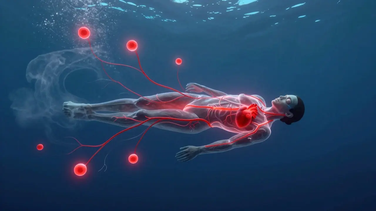 Abstraktní ilustrace fyziologických procesů při držení dechu