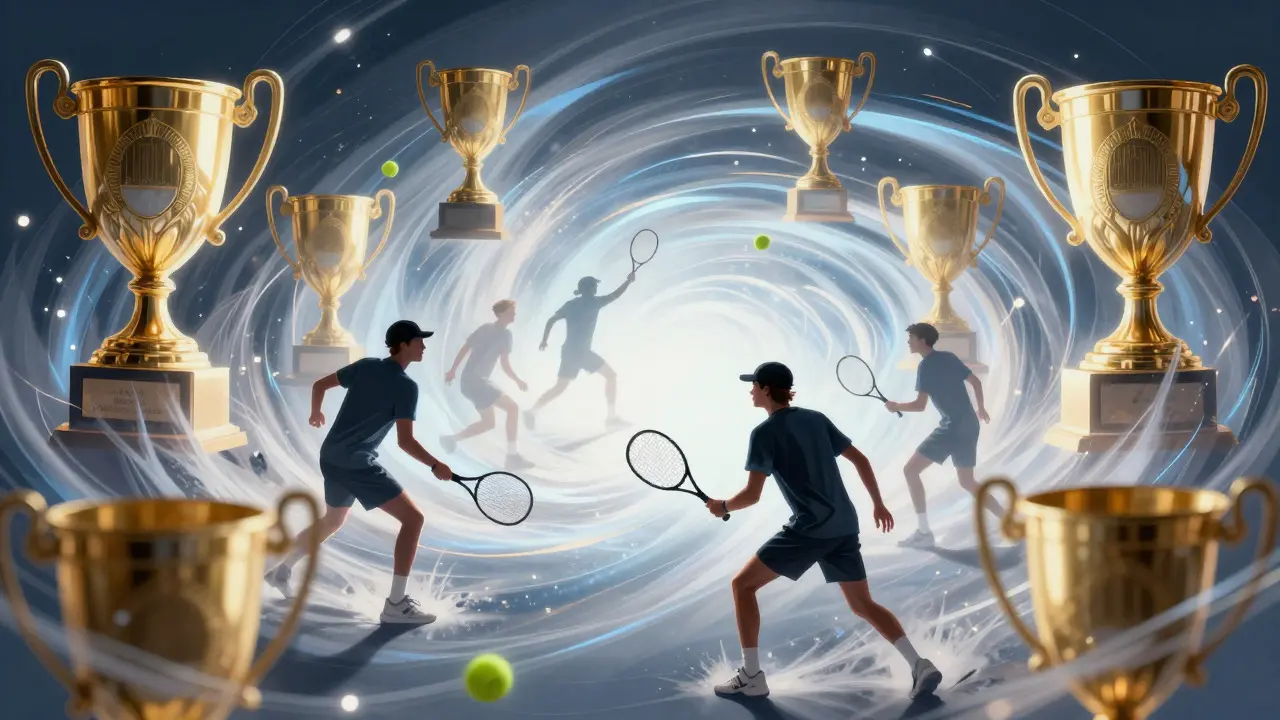 Abstraktní ilustrace mladých tenistů prolamujících bariéry z trofejí