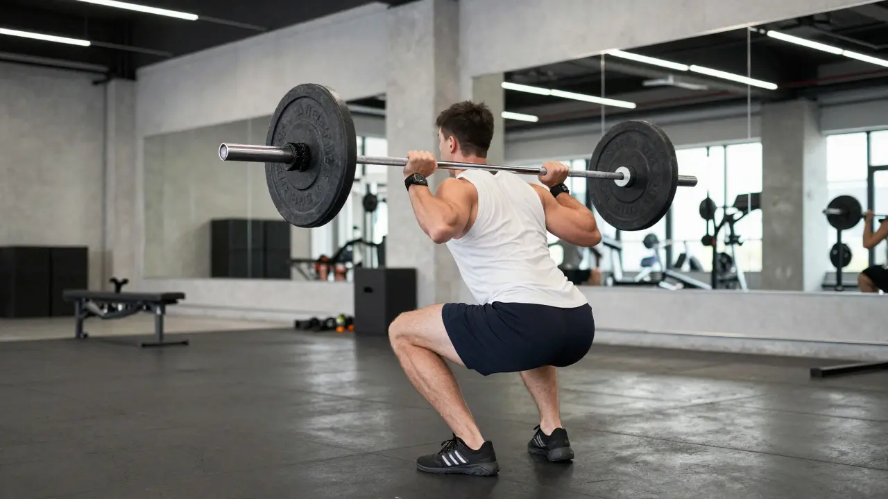 Athlete performing a barbell squat with proper form in a modern gym