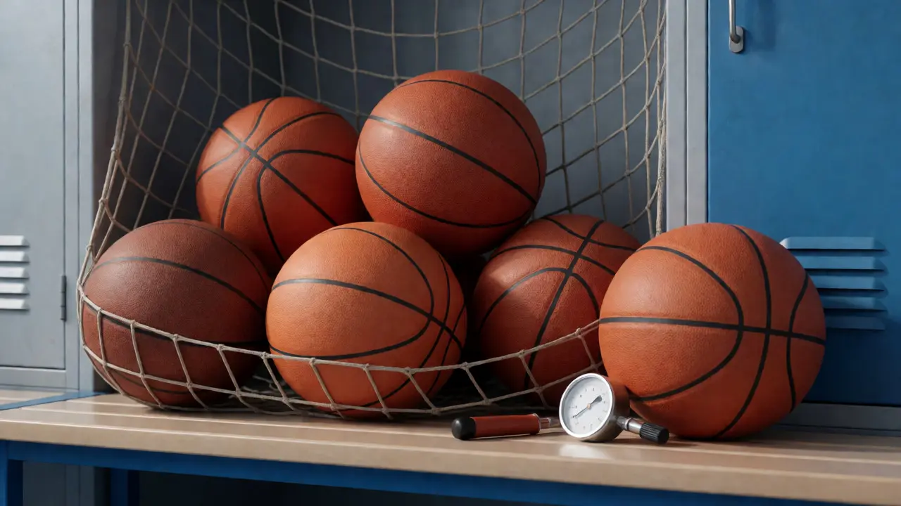 Basketbalové míče uložené v síti ve šatně pro správné skladování a údržbu.