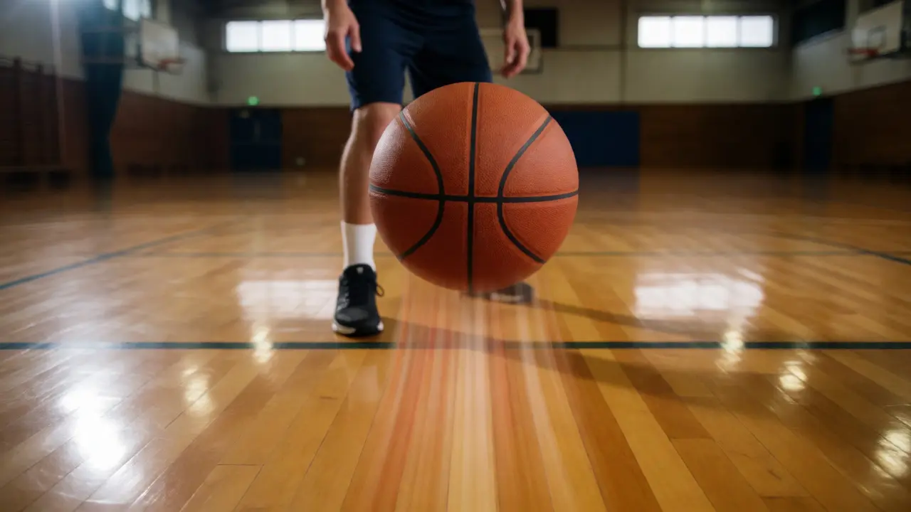 Basketbalový míč odrážející se od parketové podlahy v hale během testu tlaku.