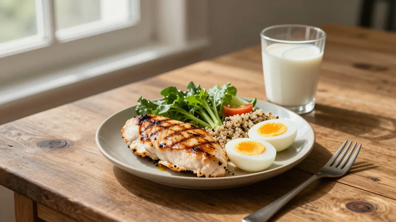 Healthy high-protein meal with chicken, eggs, and vegetables on a wooden table