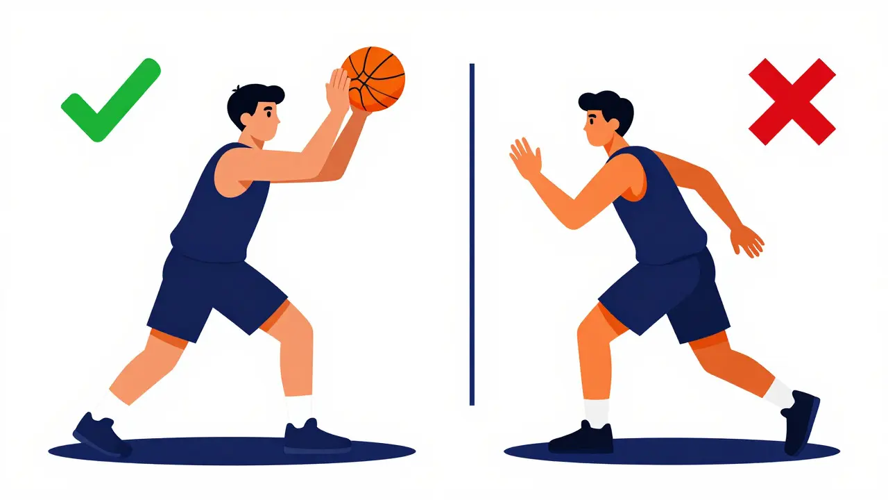 Illustration comparing a legal basketball block with a defensive foul