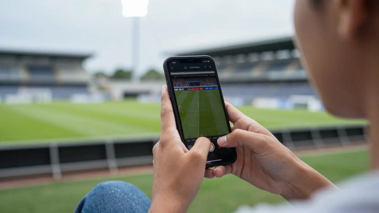 Osoba sledující živý fotbalový přenos na chytrém telefonu venku