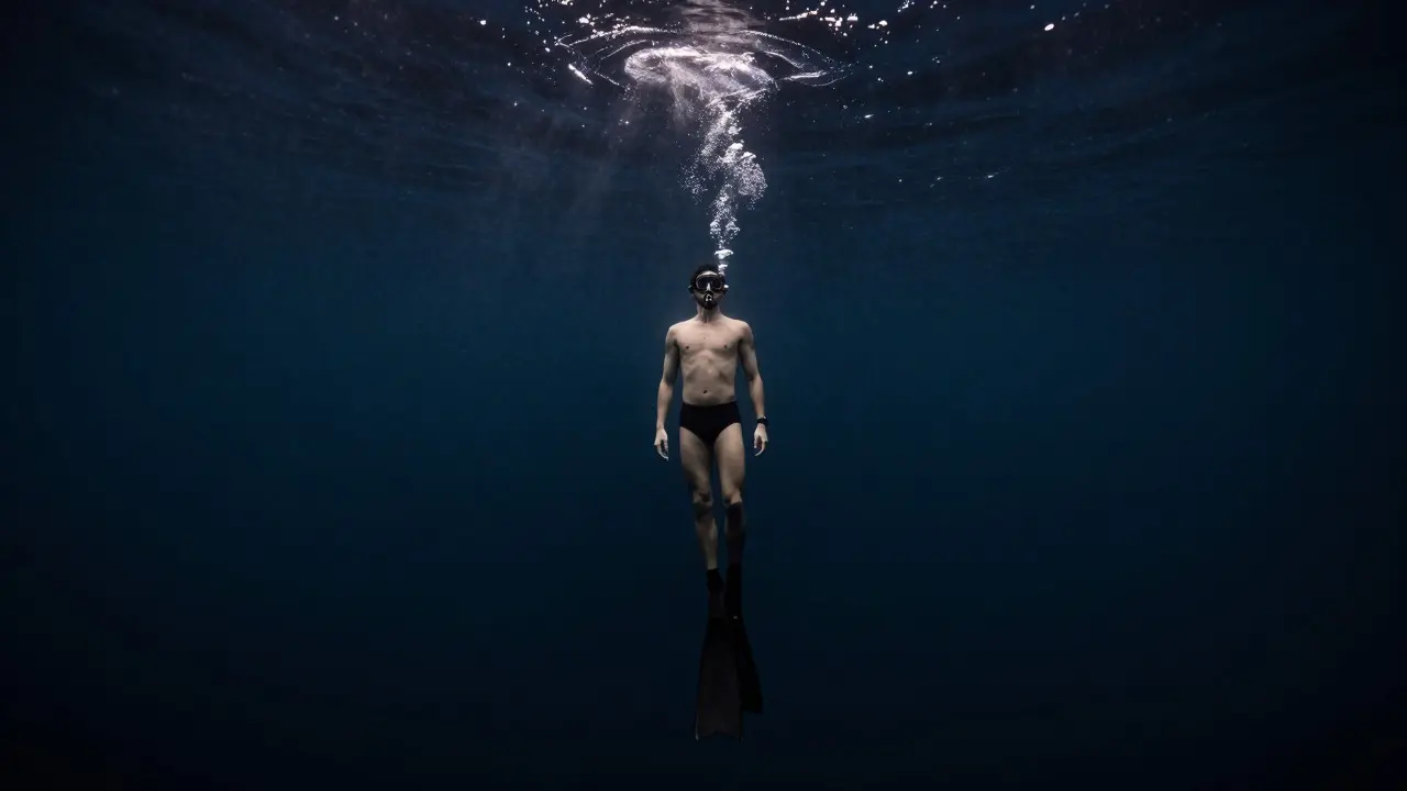 Profesionální freediver v hluboké tmavé vodě testující limity těla