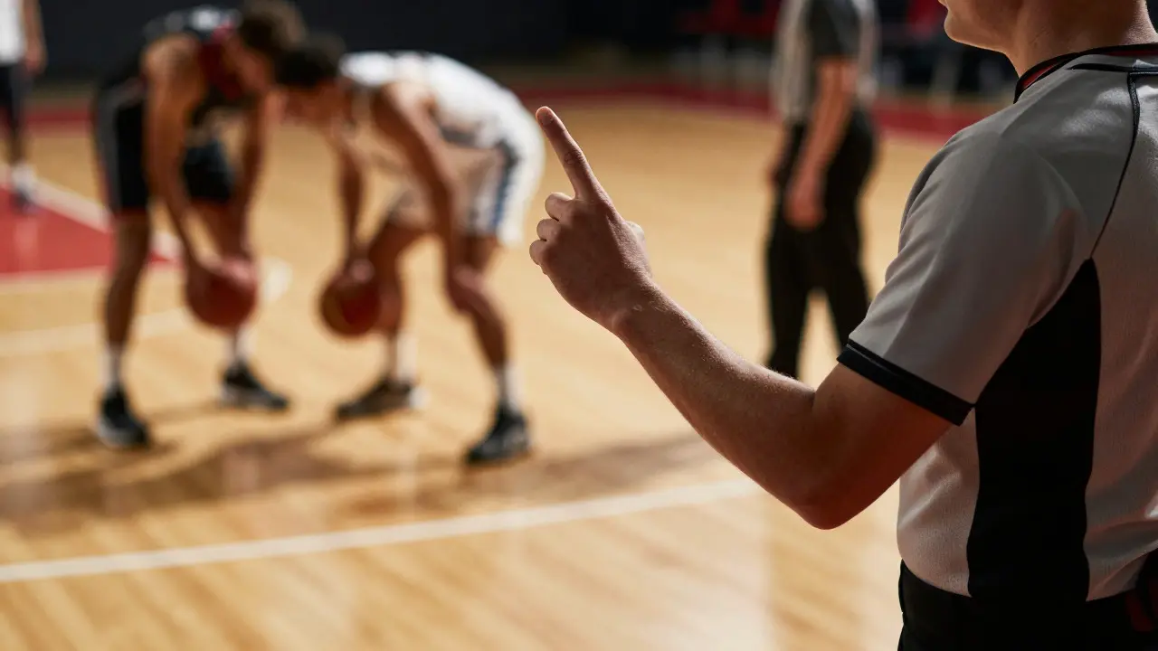 Referee signaling a personal foul with raised index finger