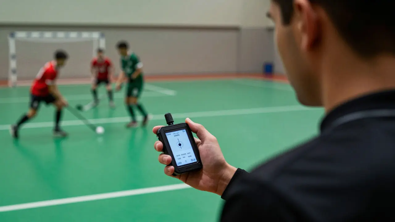 Rozhodčí s digitálním chronometrem řídí čas zápasu v hale