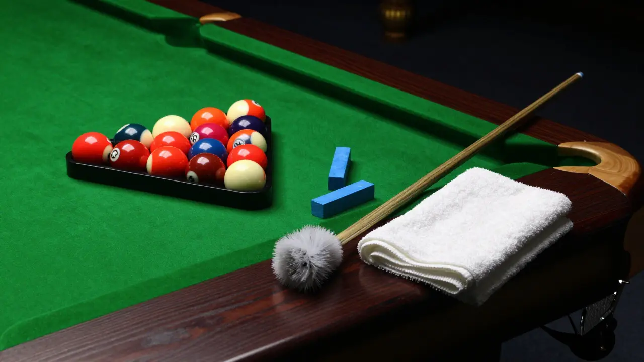 Snooker accessories including rack, chalk, and brush on a table