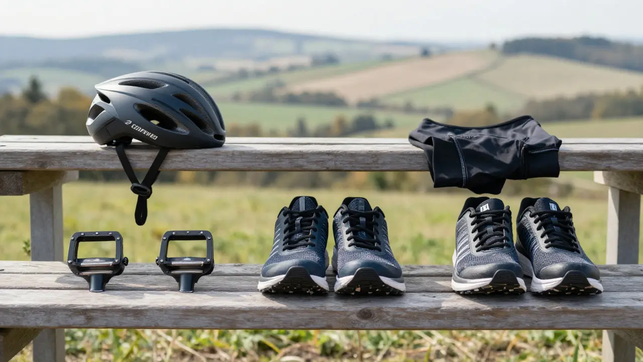 Vybavení pro duatlon: helma, boty a kolo na lavičce