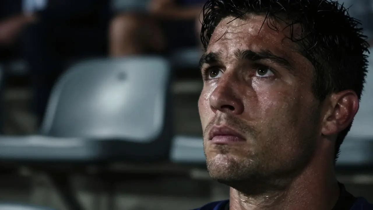 Zblízka napjatý fotbalista se dívá do tribun s prázdným sedadlem