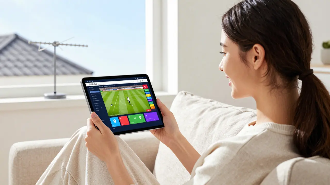 Žena šťastně sleduje sportovní přenos na tabletu doma