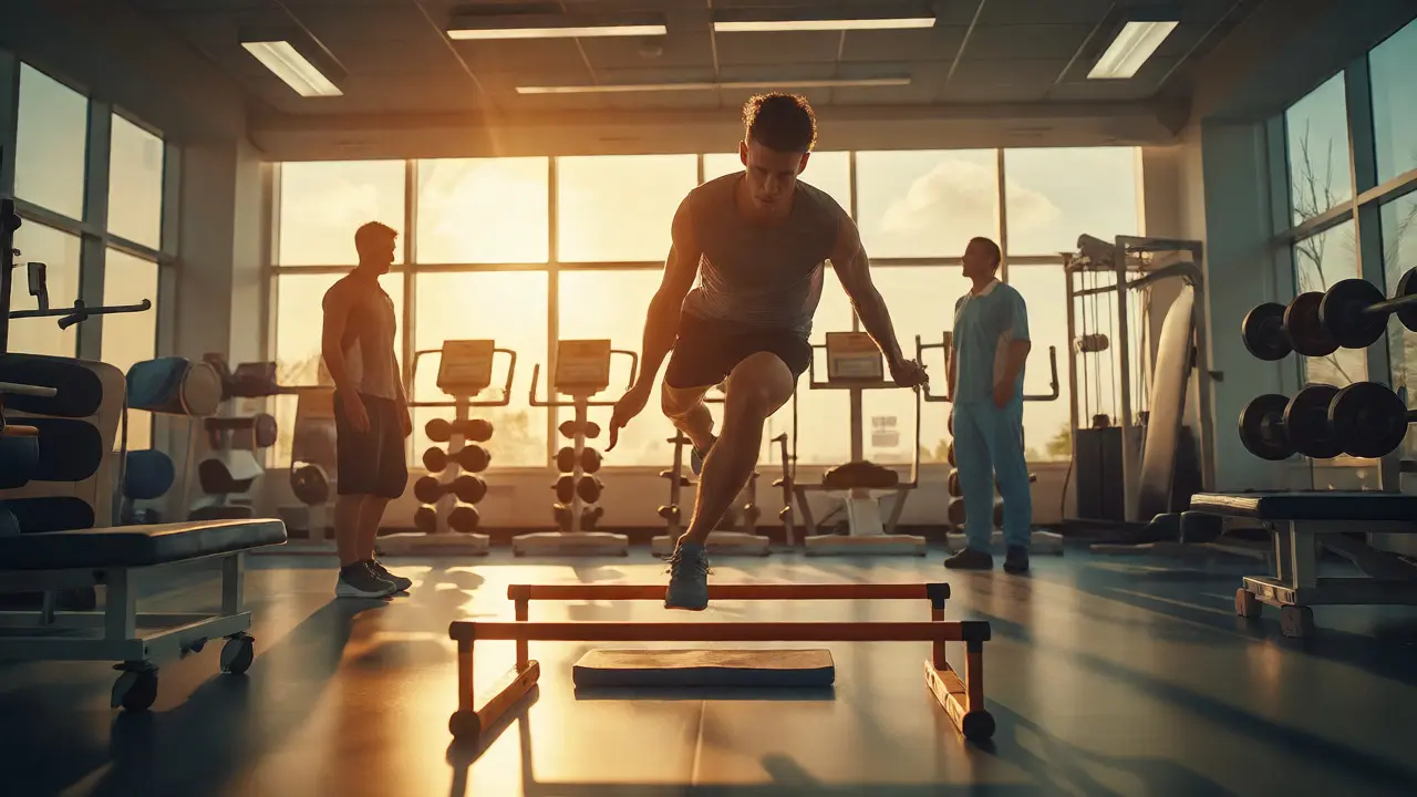 Atlet v rehabilitaci cvičí plyometrii ve slunné posilovně