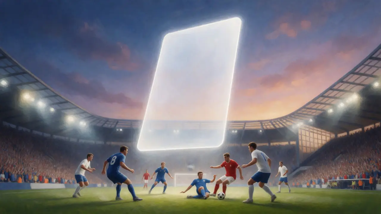 Bílá karta jako symbol férovosti vznášející se nad stadionem.