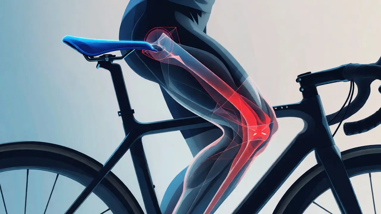Biomechanická ilustrace správného úhlu kolena a nastavení sedla na kole.