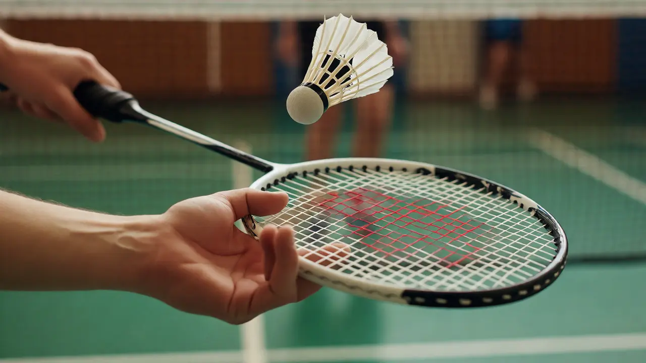 Detailní záběr ruky s raketou při jemném úderu drop shot nad sítí.
