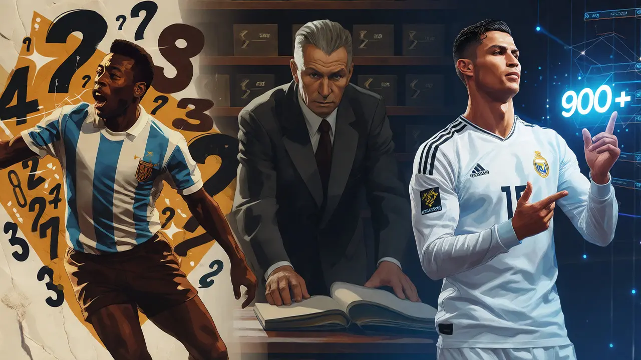 Konceptuální ilustrace spojující Pelého, Bicana a Ronalda v různých éráách.
